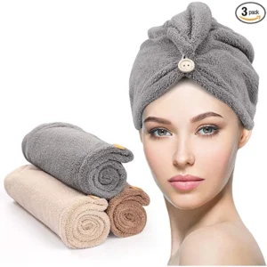 Kit C/3 Toalha Microfibras Com Botão Grossa Mágica Para Cabelo Secar Rápido Touca Banho Casa Promoção
