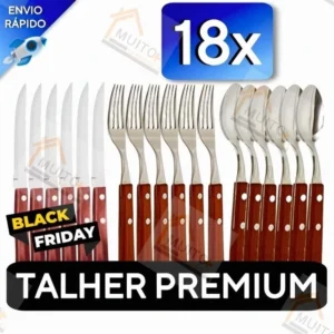 Jogo de Talheres 18/9 peças Em Cabo De Madeira de Aço Inox Facas Garfos de Mesa Colheres