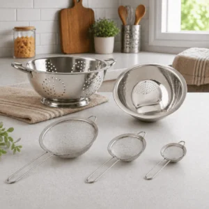 Kit 5 peças Escorredor De Arroz + Escorredor De Macarrão E Massas + 3 Peneiras Em Aço Inox